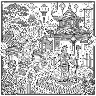Journey into a detailed world of martial arts with this captivating coloring page featuring a powerful Kung Fu Master. Immerse yourself in an intricate full scene depicting traditional Chinese landscapes and ancient wisdom.