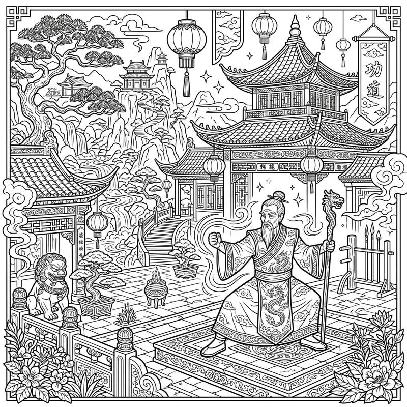 Journey into a detailed world of martial arts with this captivating coloring page featuring a powerful Kung Fu Master. Immerse yourself in an intricate full scene depicting traditional Chinese landscapes and ancient wisdom.