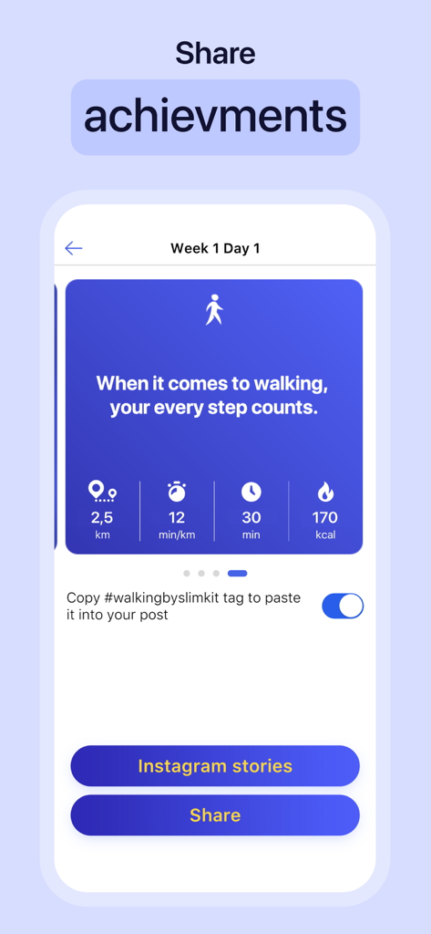 Weight Loss Walking by Slimkit - Una pantalla de la aplicación Pérdida de Peso Caminando que muestra estadísticas de entrenamiento y opciones para compartir logros en redes sociales