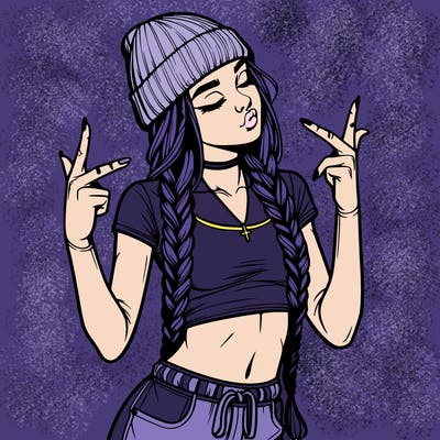 realistic teenage girl with braids and a beanie and crop top doing 🫶🏼