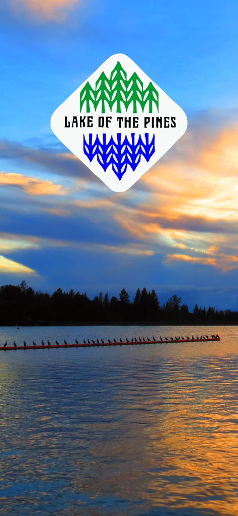 LOPA - Lake of the Pines Association app welcome screen with logo and sunset lake background