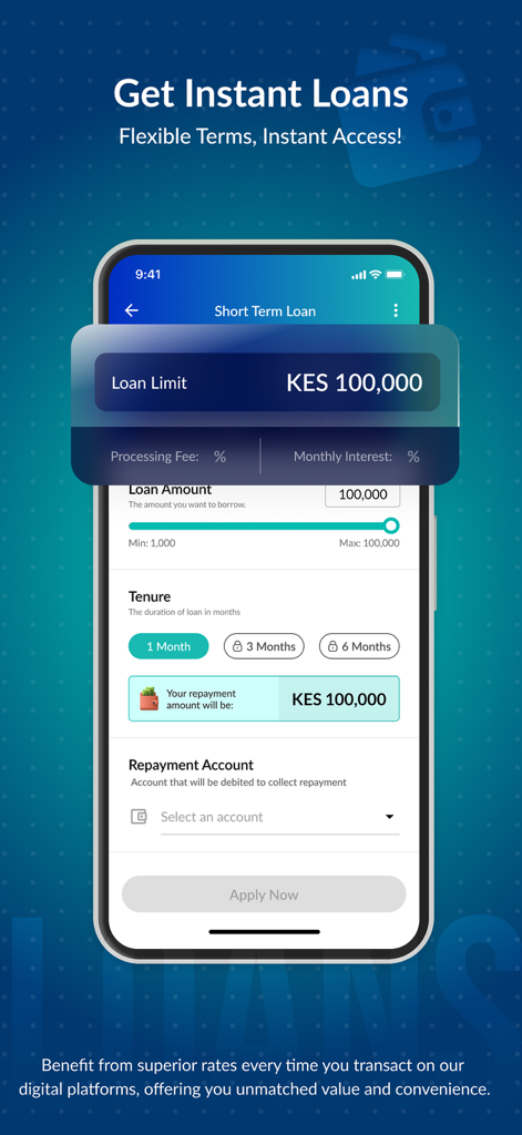 I&M OTG Personal KE - I&M OTG Personal KE Mobile App-Bildschirm, der eine Kurzzeitkreditantrag mit flexiblen Betrags- und Laufzeitoptionen zeigt