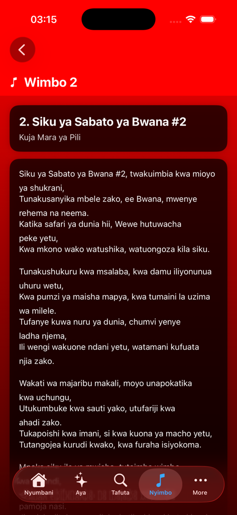 Biblia Takatifu- Swahili Bible - A screen from the Biblia Takatifu app displaying Swahili hymn lyrics from Nyimbo za Kristo.