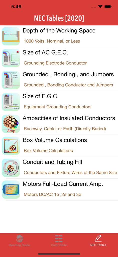 Base Electrician Tools - A list of 2020 National Electrical Code tables within the Base Electrician Tools app showing grounding, ampacities, and box volume calculations.