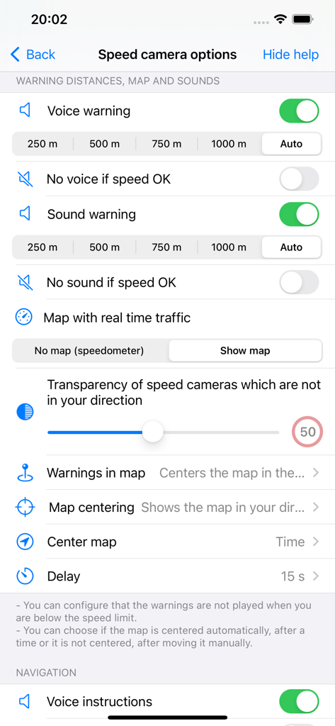RadarAll Speed Camera Detector - Tela de configurações do aplicativo Detector de Radares RadarAll mostrando distâncias de aviso, opções de mapa e configurações de alerta sonoro.