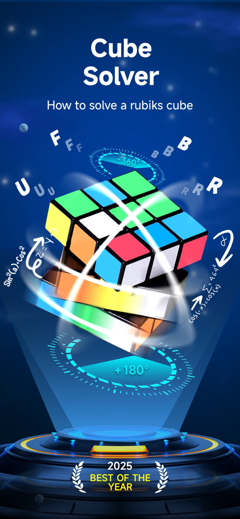 Cube Solver - 3D Cube Timer - A 3D Rubiks Cube floating on a futuristic platform with solving notations and math formulas
