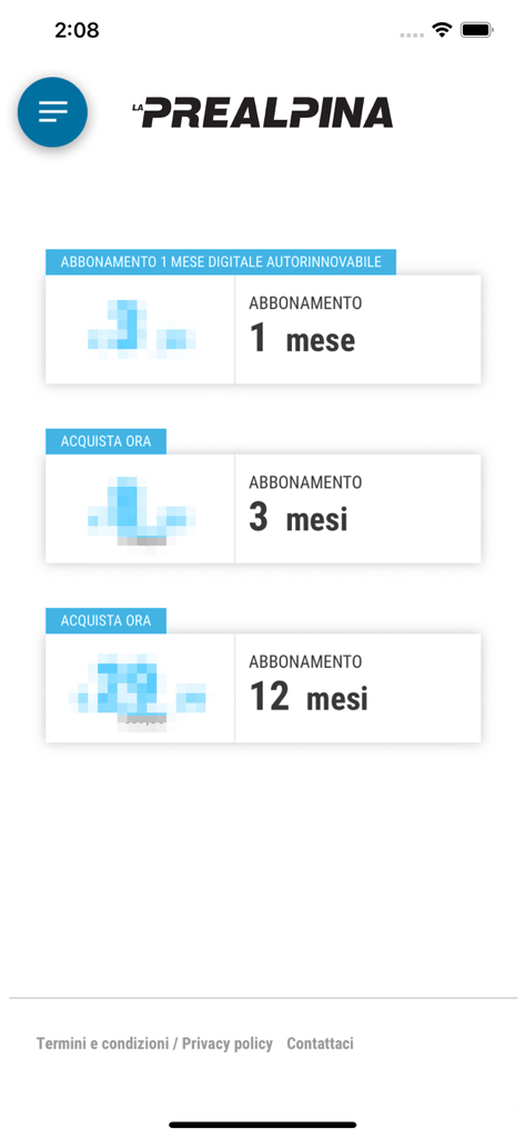 Prealpina - Subscription purchase screen for the La Prealpina digital newspaper app showing monthly and yearly plans