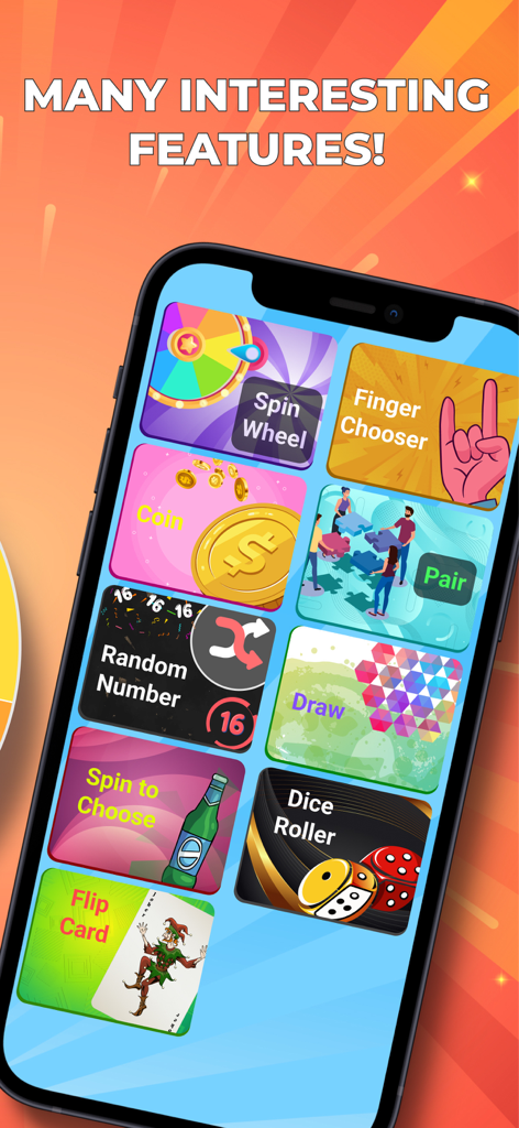 Spin The Wheel - Number Picker - Smartphone displaying the main menu of the Spin The Wheel app with various decision making features