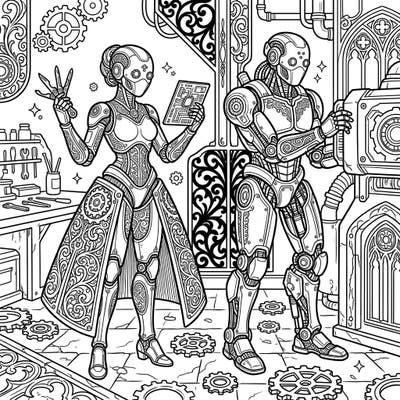 Explore a mesmerizing world where advanced technology meets elegant Gothic design with this unique coloring page. Two maintenance cyborgs, adorned with intricate patterns, work amidst a detailed steampunk workshop, ready for your creative touch.