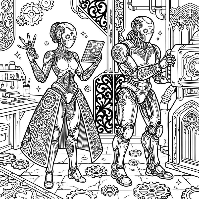 Explore a mesmerizing world where advanced technology meets elegant Gothic design with this unique coloring page. Two maintenance cyborgs, adorned with intricate patterns, work amidst a detailed steampunk workshop, ready for your creative touch.