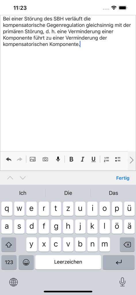 IU-BrainYoo - Interface for editing a digital flashcard with German text on a mobile device.