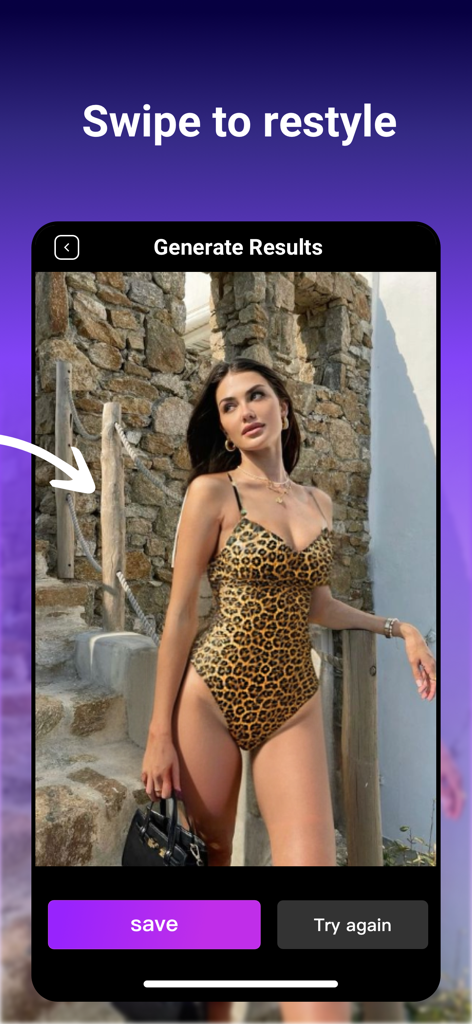 PhotoDeep: AI Photo&Video Edit - Interfaz de la aplicación PhotoDeep mostrando el resultado de 'reestilo de foto con IA' con botones de guardar y probar de nuevo