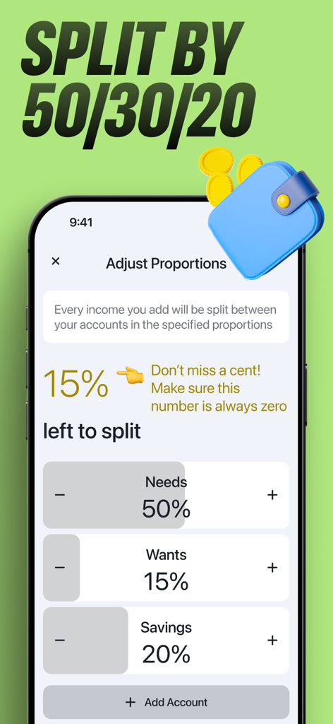 Wudget: Simpler Budget Planner - Interface of the Wudget app showing how to adjust budget proportions for needs wants and savings using the 50 30 20 rule