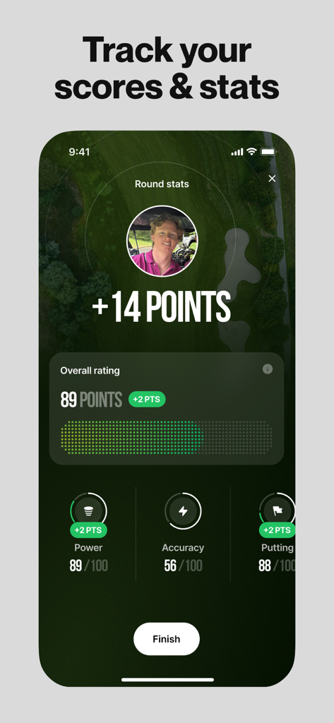 Golf performance dashboard showing round statistics and skill ratings for power accuracy and putting