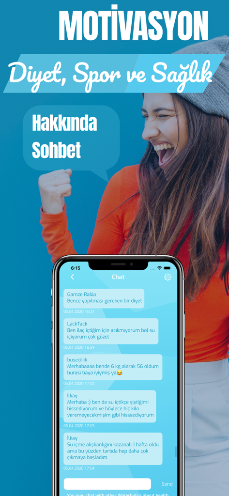 Waterholic Water Tracker Daily - A smartphone displaying the motivational chat interface of the Waterholic app where users share health and fitness tips.