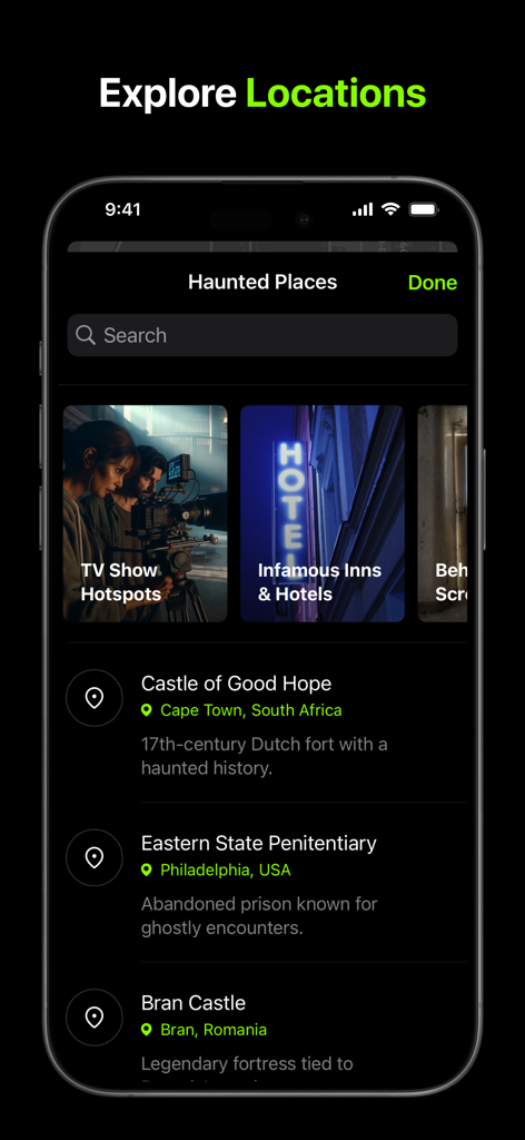 Ghost Chat - Talk to Spirits - Una pantalla de aplicación móvil titulada Explorar Lugares que muestra una lista de lugares embrujados, incluido el Castillo de Buena Esperanza y el Castillo de Bran.