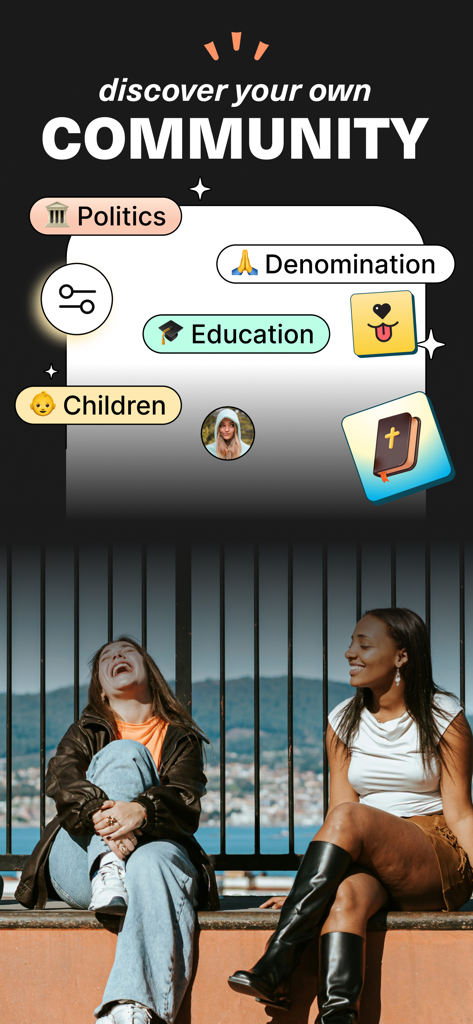 Two women laughing under the text discover your own community with various profile filter icons for faith based dating