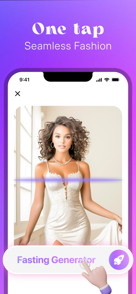 AI Photo Generator: Boopix - Boopix app interface showing a woman in an elegant white dress with an AI scanning line for a seamless fashion transformation