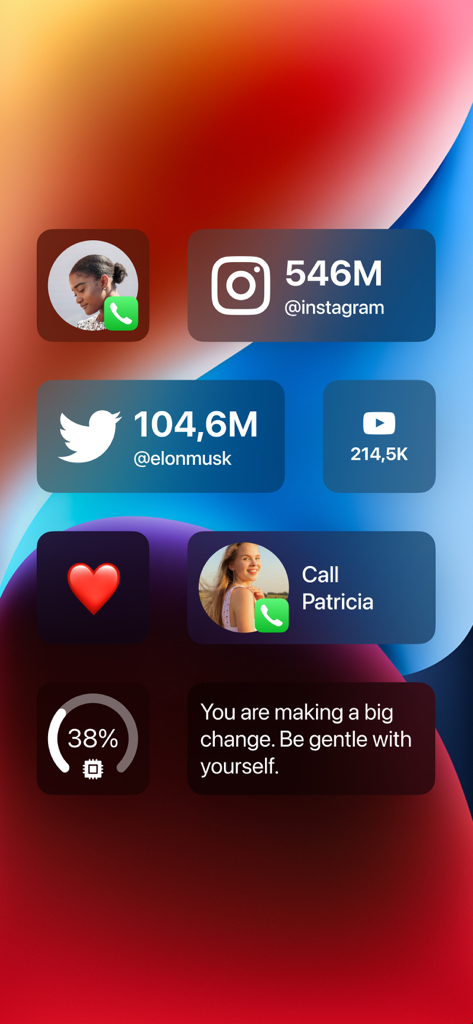 Lock Screen 17 Widget - A collection of custom iPhone lock screen widgets displaying social media follower counts contacts system stats and a motivational quote
