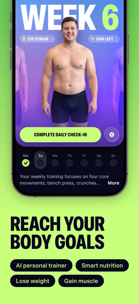 A mobile app interface for Dream Body showing a week 6 progress tracker with a daily check-in button and fitness goals like lose weight and gain muscle.