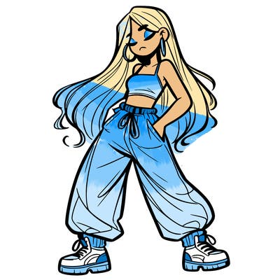 girl in baggy pants crop top and long hair