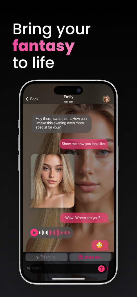 Ourdream – AI Girlfriend - Interfaccia di chat mobile di Ourdream AI Girlfriend che presenta una conversazione con un compagno digitale realistico.