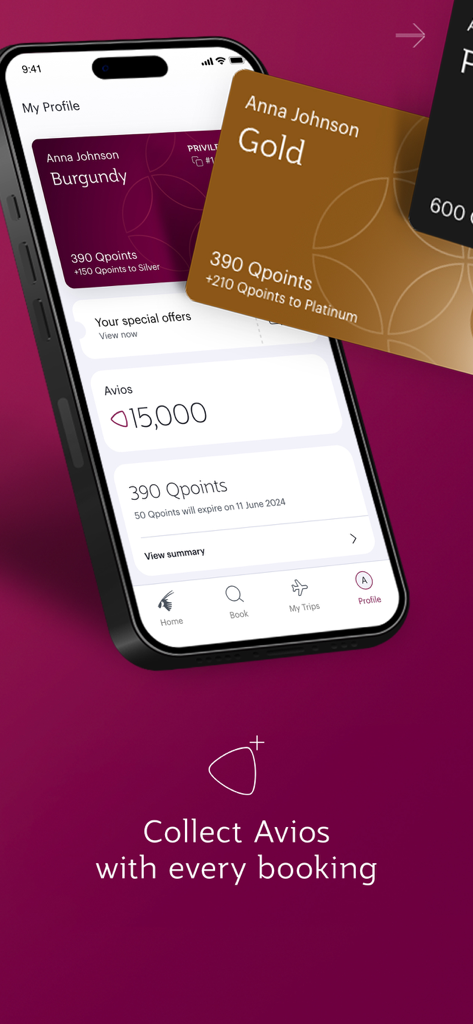 L'application mobile de Qatar Airways affiche le statut d'adhésion au Privilege Club, le solde de points Avios et le tableau de bord des récompenses de fidélité.