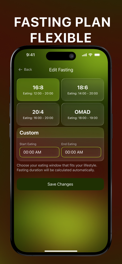 FastCycle App-Bildschirm zur Auswahl von Intervall-Fastenplänen wie 16:8 und OMAD