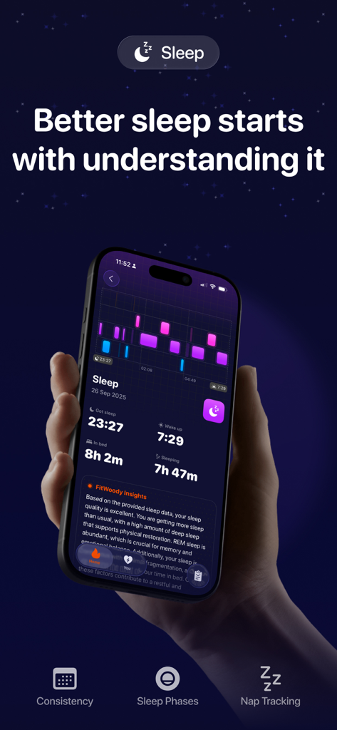 FitWoody: Health Tracker - Tela do iPhone exibindo o painel de análise de sono do FitWoody com gráficos de fases de sono e insights de recuperação com IA