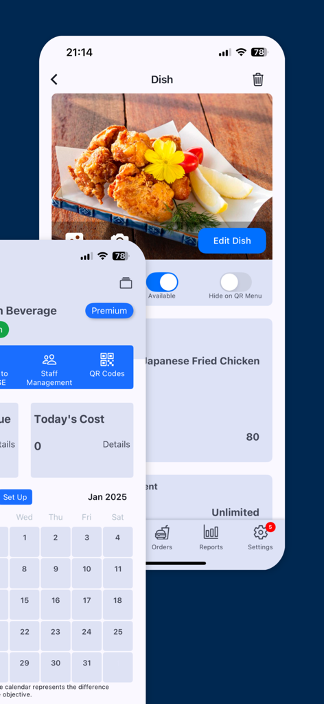 Mobile screens for vOrder QR Ordering and POS app showing dish management and business dashboard
