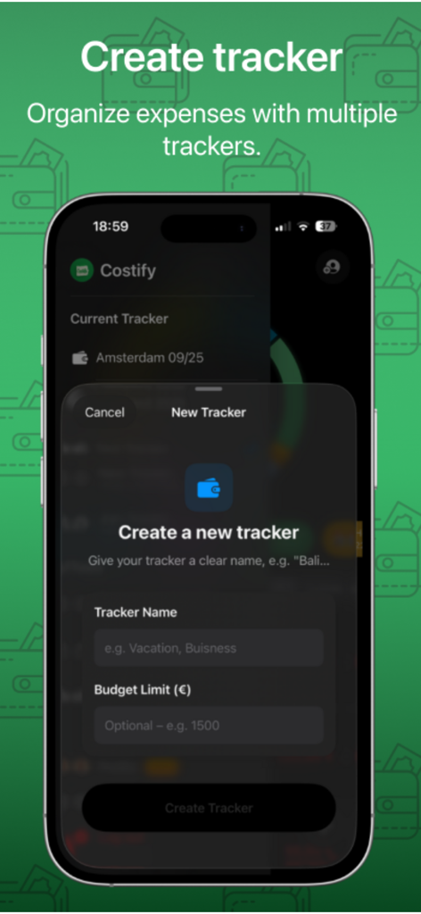 Costify: Expense Tracker - Screen from Costify app showing a pop-up menu to create a new expense tracker with fields for name and budget limit.