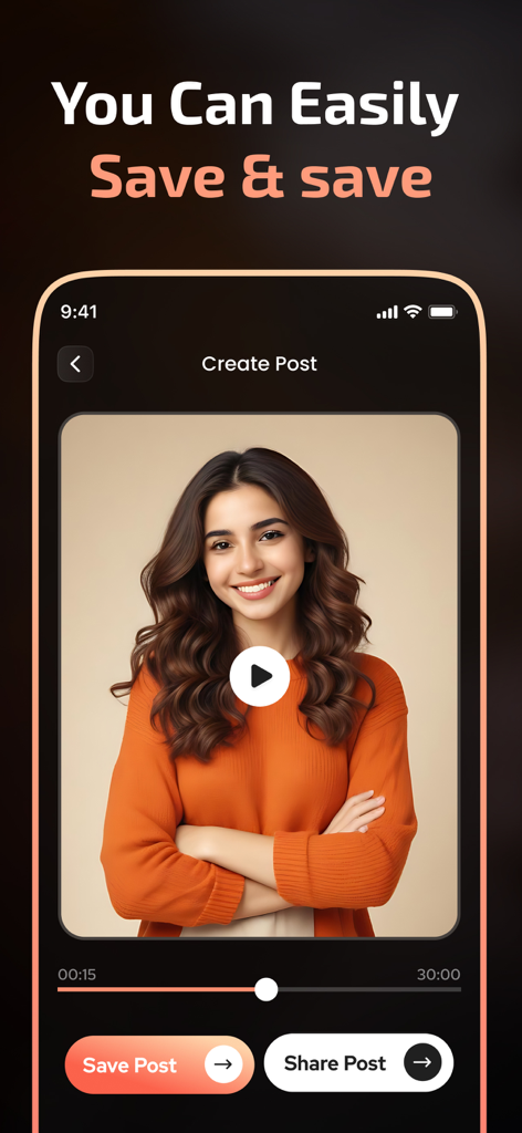 AI Reels Generator - ReelStory - Interface of the AI Reels Generator app showing a preview of a generated video with options to save and share the post