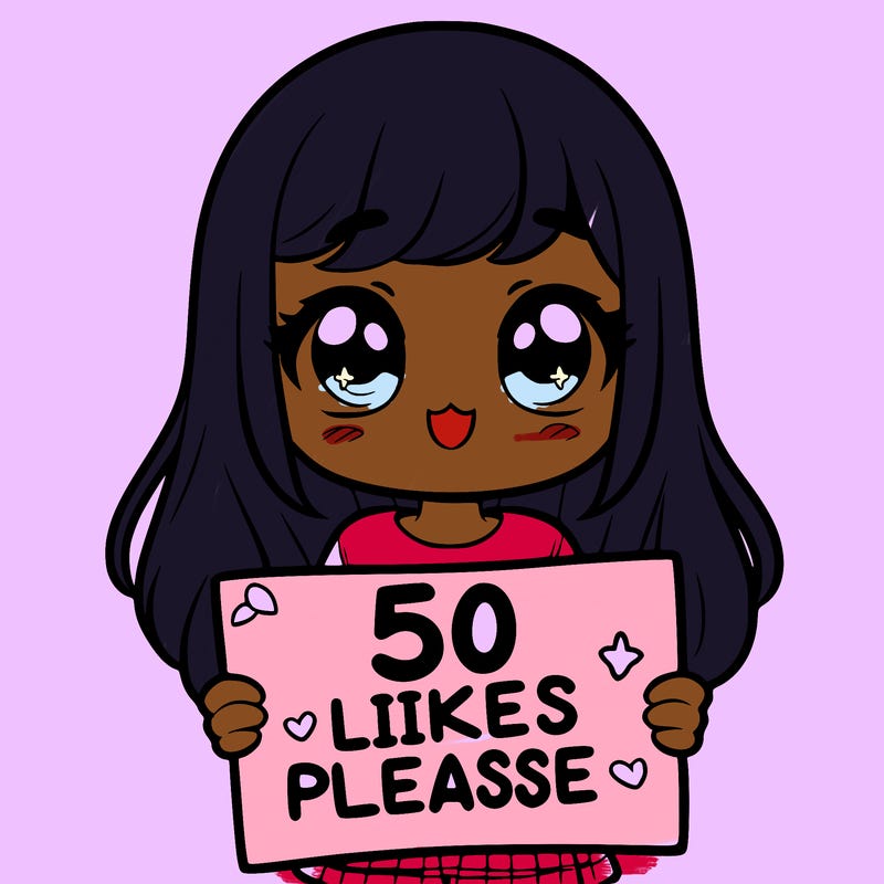 a girl holding a sign saying 50 likes please