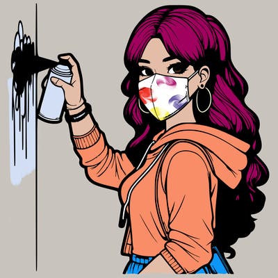 realistic girl with mask spray painting a wall