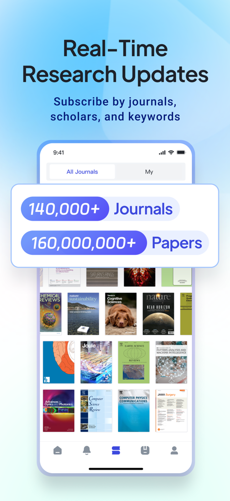 Bohriumアプリのインターフェース。リアルタイムの研究更新のための科学雑誌と学術論文のライブラリが表示されています。