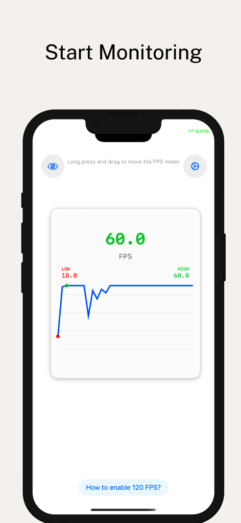 120 FPS Meter - Interface of the 120 FPS Meter app showing a real-time frame rate graph on an iPhone