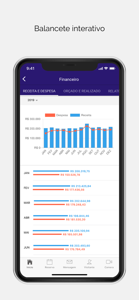 Rescon - Interactive financial dashboard showing income and expenses in the Rescon app.