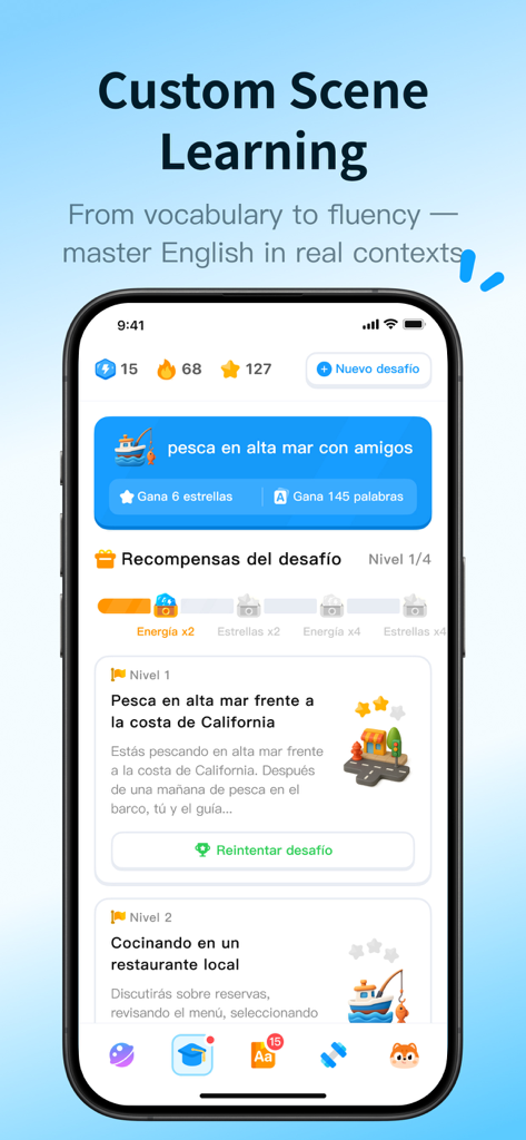 Lingtas – Real World English. - Lingtas app interface showing custom English learning scenes and real world contexts
