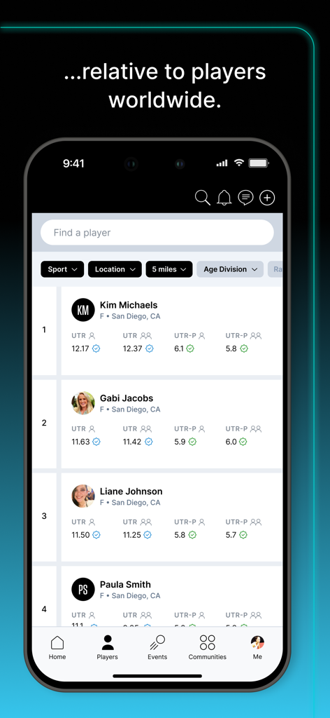 UTR Sports - Classifica dell'app UTR Sports che mostra i rating dei giocatori di tennis e pickleball a San Diego.