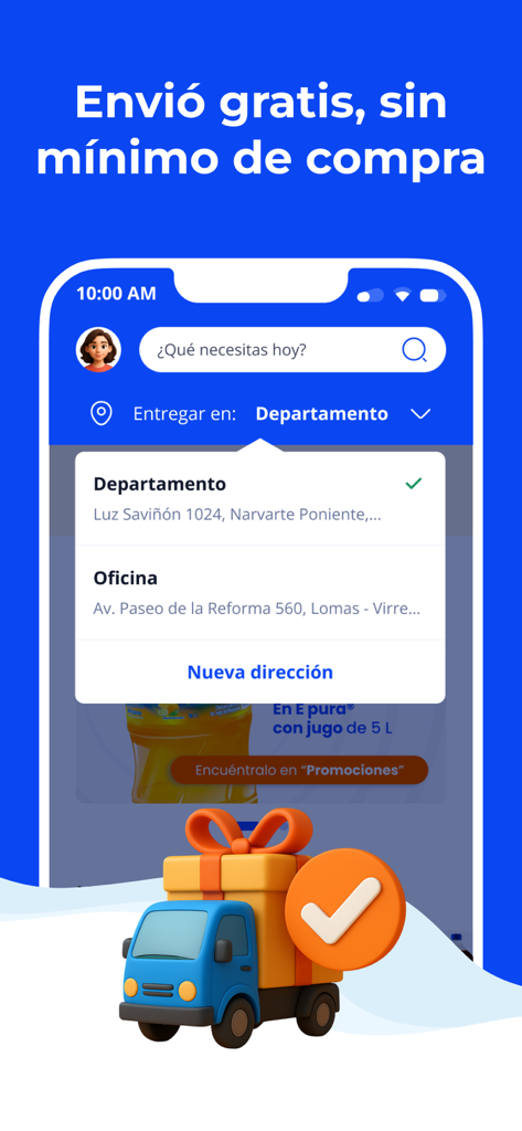 Mi Mandadito ePura - Interfaz de la aplicación Mi Mandadito ePura que muestra la selección de dirección de entrega y una oferta de envío gratuito con un ícono de camión de reparto en 3D.