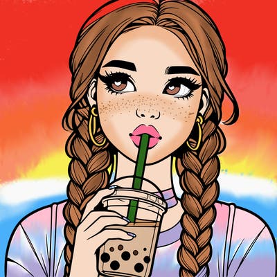 realistic girl with braided hair drinking boba