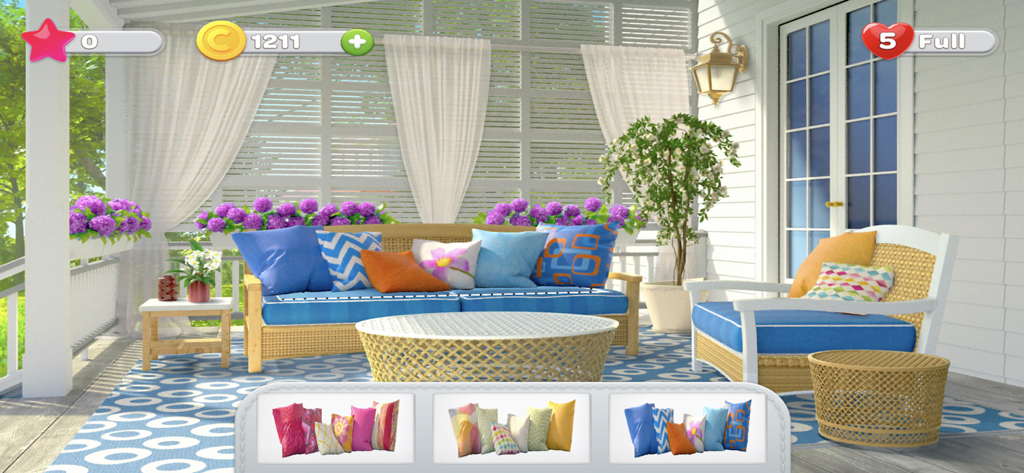 Home Decor - Interior Design - Gameplay screen showing outdoor veranda decoration options in Home Decor game