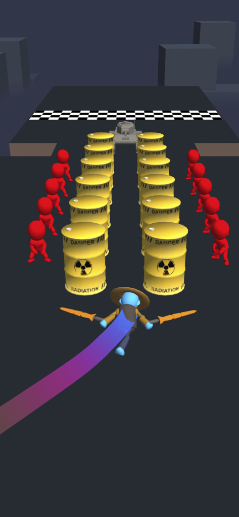 A blue samurai character with dual orange blades running toward yellow radiation barrels and red enemies in a 3D obstacle course.