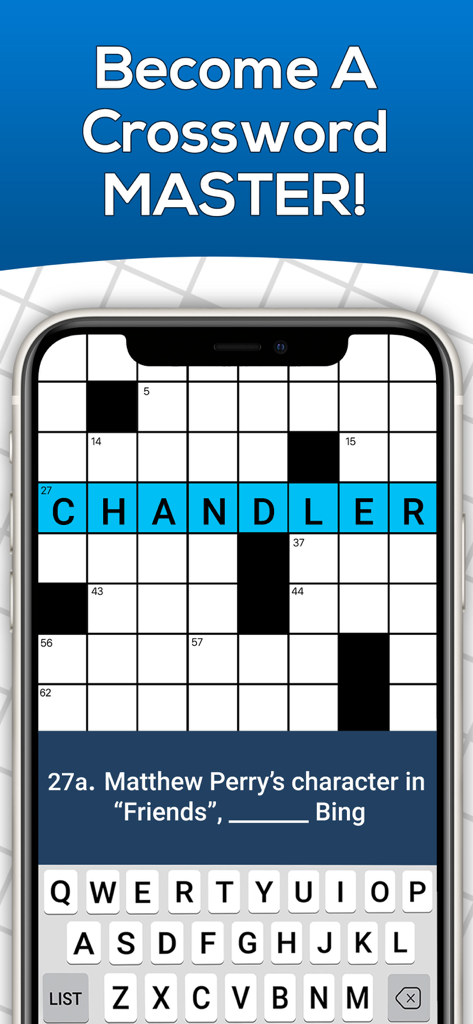 Daily themed crossword puzzle app interface featuring a pop culture trivia question about the show Friends