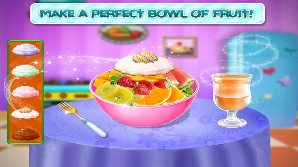 Fruit & Vegetable Salad Maker - A colorful fruit salad bowl with strawberries, oranges, and pineapple being decorated in the Fruit and Vegetable Salad Maker app.