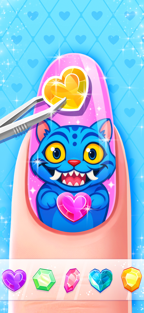 Nail Salon Games for Kids 2-5 - Décoration d'un ongle rose avec un autocollant de chat bleu et des gemmes en forme de cœur dans un jeu de manucure pour enfants.