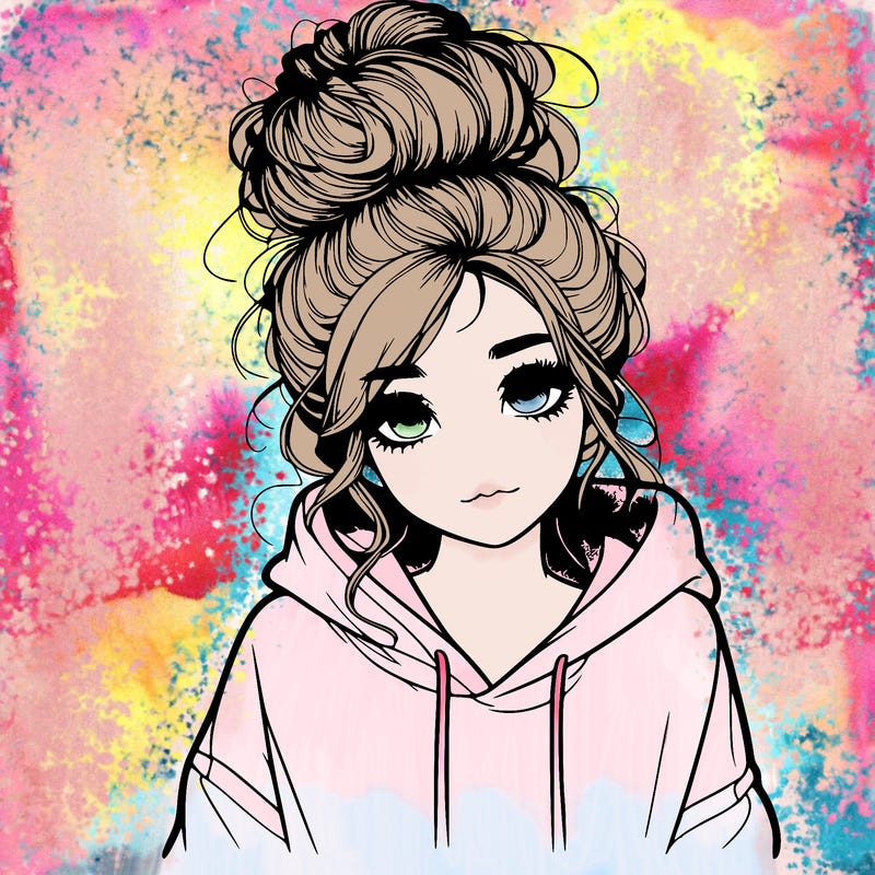realistic girl with a massy bun and a hoodie
