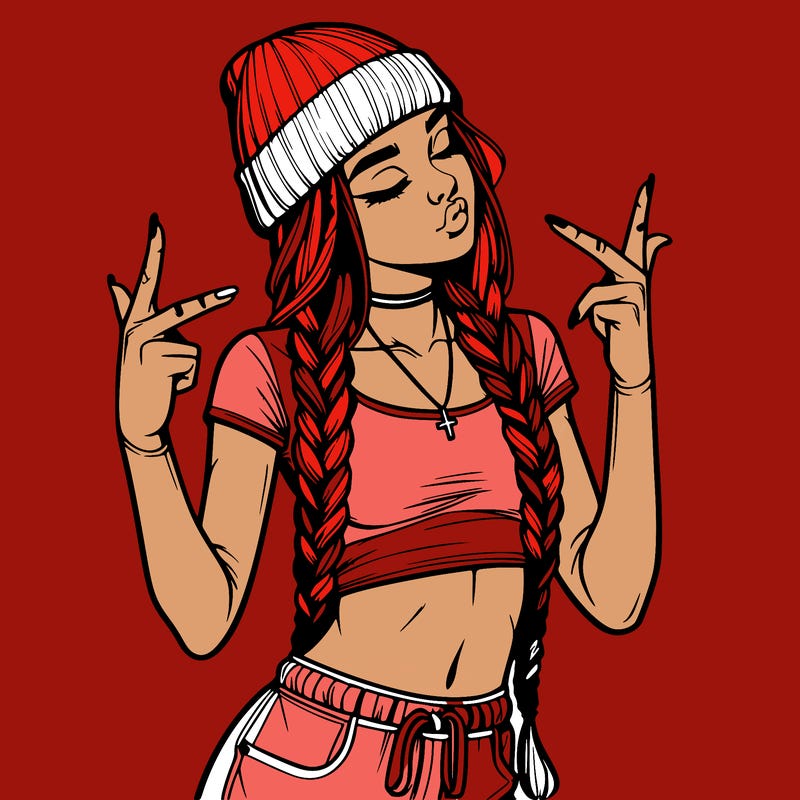 realistic teenage girl with braids and a beanie and crop top doing 🫶🏼