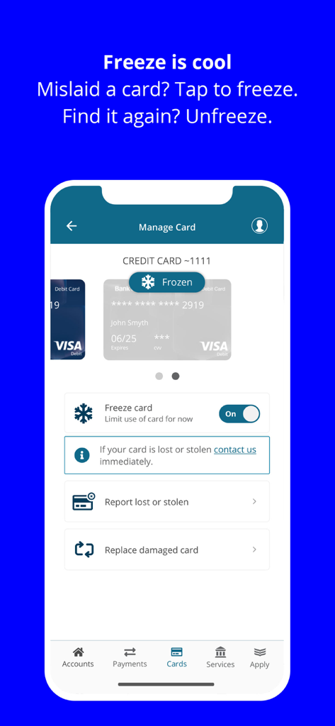 Bank of Ireland Mobile Banking app interface showing the credit card freeze feature toggled on