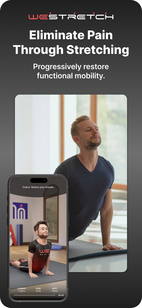 WeStretch: Stretching & Splits - Homem e instrutora virtual realizando um alongamento de cobra para alívio da dor no aplicativo WeStretch